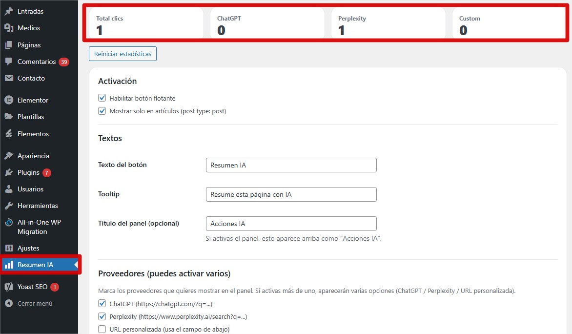 Plugin Resumen IA - Vista 1